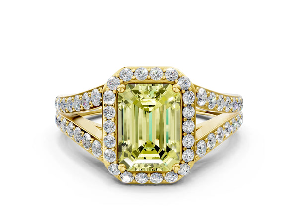 Yellow Gold Emerald Cut Halo Engagement Ring Setting for Fancy Yellow Center with Narrow Pave Split Shank