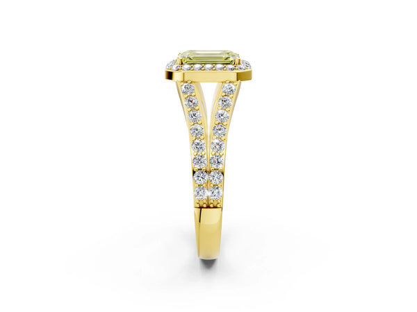 Yellow Gold Emerald Cut Halo Engagement Ring Setting for Fancy Yellow Center with Narrow Pave Split Shank