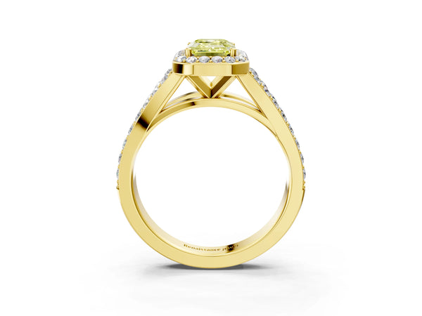 Yellow Gold Emerald Cut Halo Engagement Ring Setting for Fancy Yellow Center with Narrow Pave Split Shank