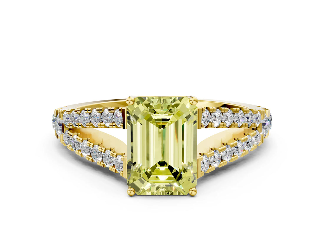 Yellow gold Fancy Yellow Emerald Cut Diamond Split Shank Pavé Engagement Ring with Four-Prong Setting_76