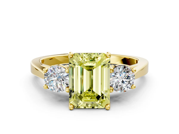 Yellow gold Fancy Yellow Emerald Cut Diamond Three-Stone Engagement Ring with Prong Setting and Pavé Band