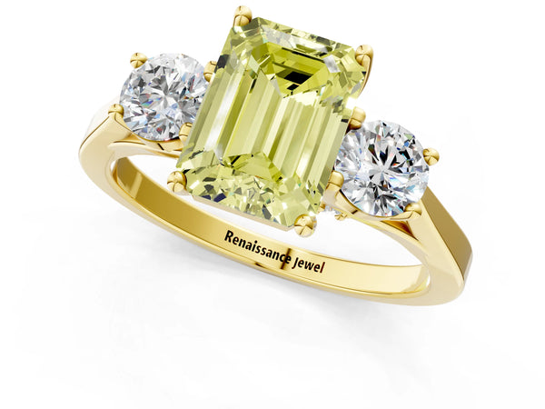 Yellow gold Fancy Yellow Emerald Cut Diamond Three-Stone Engagement Ring with Prong Setting and Pavé Band