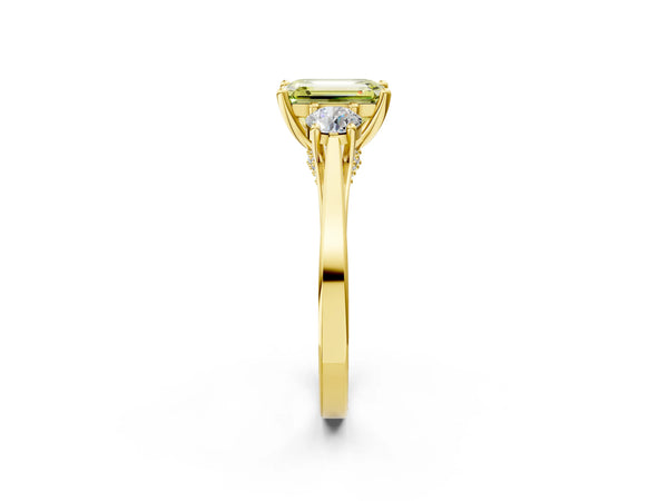 Yellow gold Fancy Yellow Emerald Cut Diamond Three-Stone Engagement Ring with Prong Setting and Pavé Band