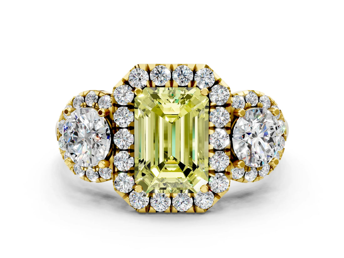 Yellow gold Fancy Yellow Emerald Cut Diamond Three-Stone Halo Ring with Prong Setting and Pavé Accents