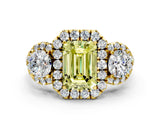 Yellow gold Fancy Yellow Emerald Cut Diamond Three-Stone Halo Ring with Prong Setting and Pavé Accents