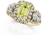 Yellow gold Fancy Yellow Emerald Cut Diamond Three-Stone Halo Ring with Prong Setting and Pavé Accents_1