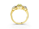 Yellow gold Fancy Yellow Emerald Cut Diamond Three-Stone Halo Ring with Prong Setting and Pavé Accents_3