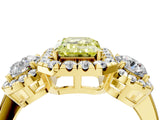 Yellow gold Fancy Yellow Emerald Cut Diamond Three-Stone Halo Ring with Prong Setting and Pavé Accents_4
