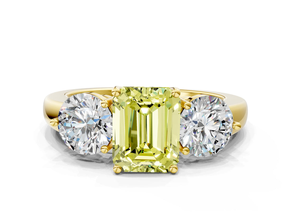 Yellow gold Fancy Yellow Emerald Cut Diamond Three-Stone Ring with Prong Setting and Classic Band_124