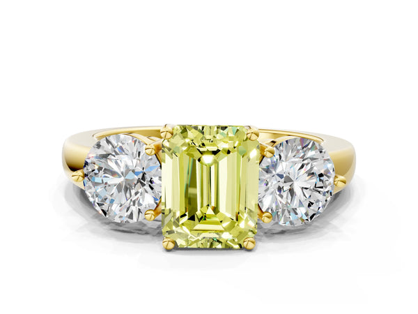 Yellow gold Fancy Yellow Emerald Cut Diamond Three-Stone Ring with Prong Setting and Classic Band