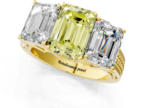 Yellow gold Fancy Yellow Emerald Cut Diamond Three-Stone Ring with Prong Setting and Textured Band_1