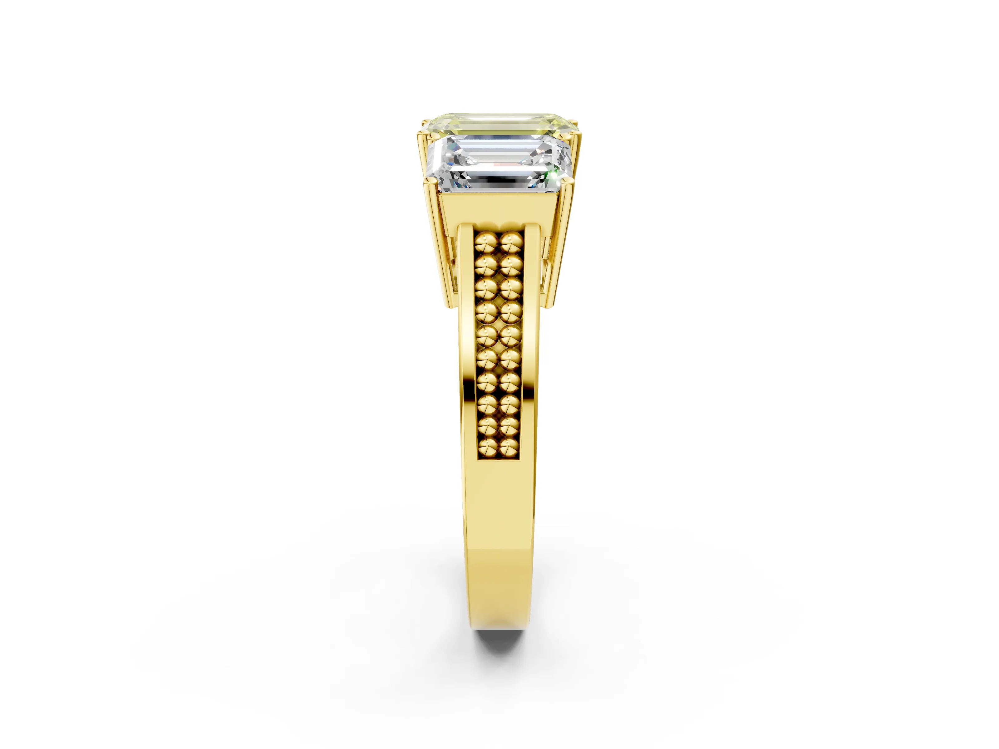 Yellow gold Fancy Yellow Emerald Cut Diamond Three-Stone Ring with Prong Setting and Textured Band_2
