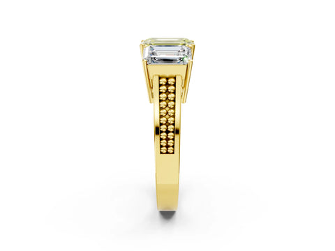 Yellow gold Fancy Yellow Emerald Cut Diamond Three-Stone Ring with Prong Setting and Textured Band_2