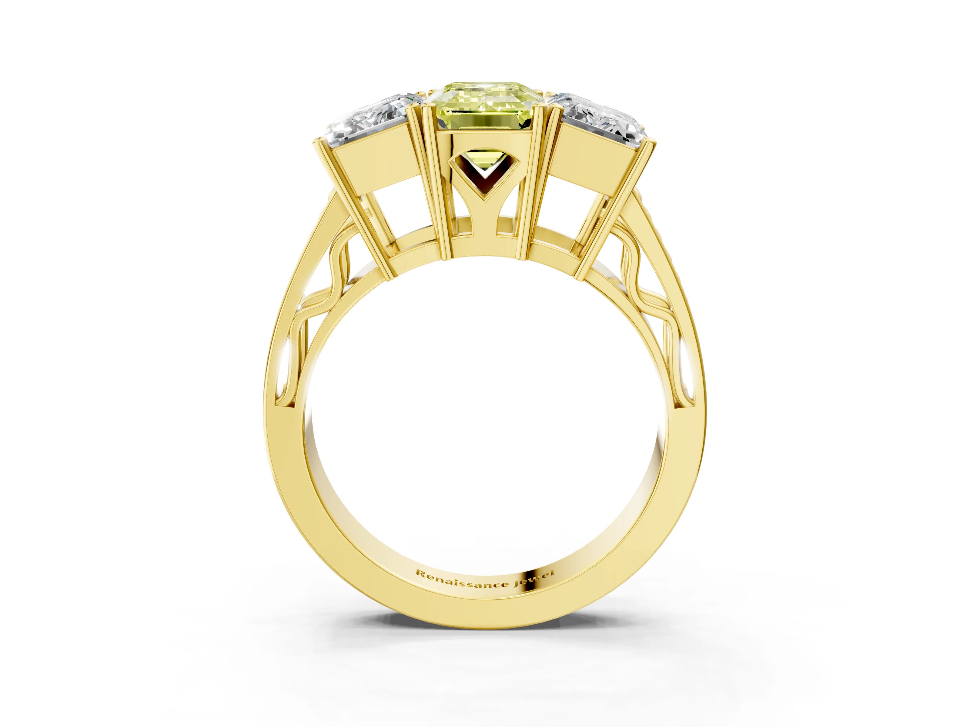 Yellow gold Fancy Yellow Emerald Cut Diamond Three-Stone Ring with Prong Setting and Textured Band_3