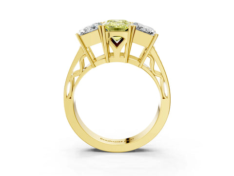 Yellow gold Fancy Yellow Emerald Cut Diamond Three-Stone Ring with Prong Setting and Textured Band_3