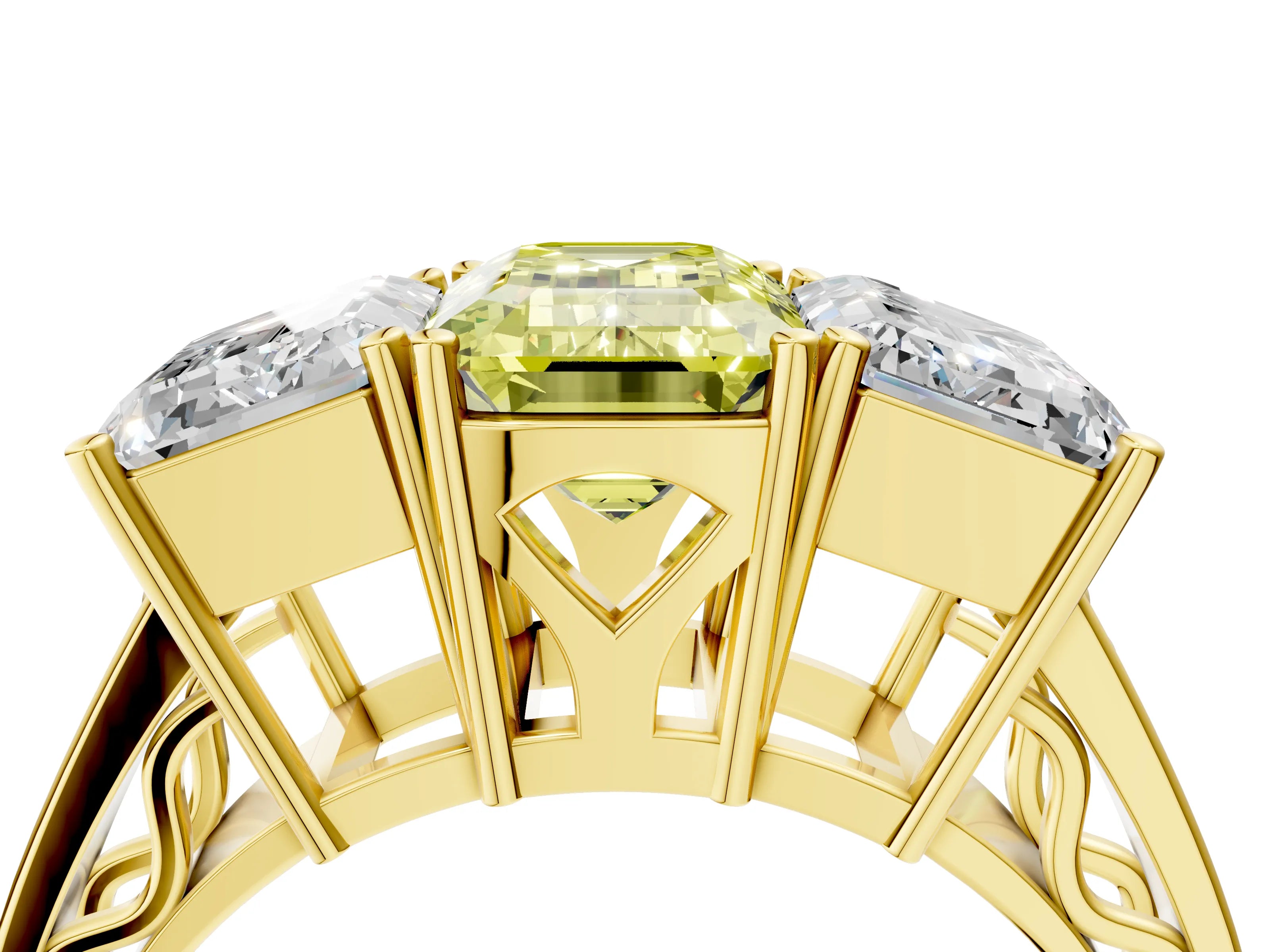 Yellow gold Fancy Yellow Emerald Cut Diamond Three-Stone Ring with Prong Setting and Textured Band_4