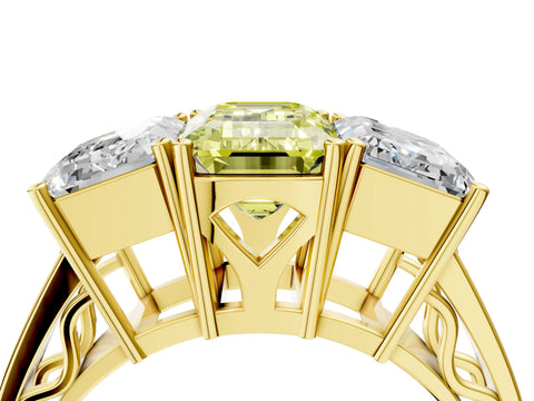 Yellow gold Fancy Yellow Emerald Cut Diamond Three-Stone Ring with Prong Setting and Textured Band_4