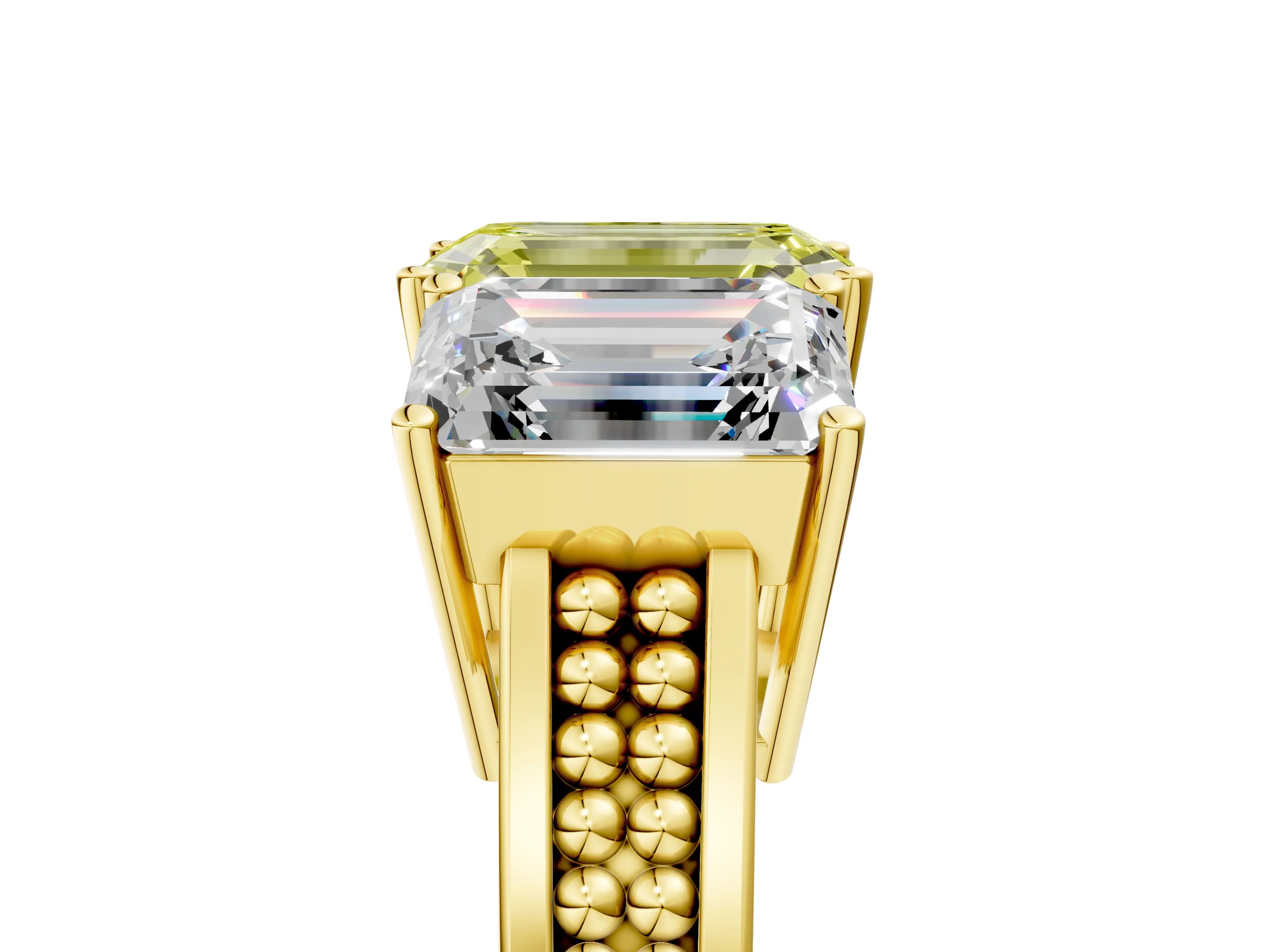 Yellow gold Fancy Yellow Emerald Cut Diamond Three-Stone Ring with Prong Setting and Textured Band_5