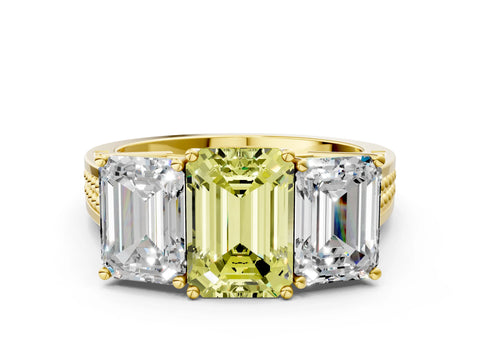 Yellow gold Fancy Yellow Emerald Cut Diamond Three-Stone Ring with Prong Setting and Textured Band