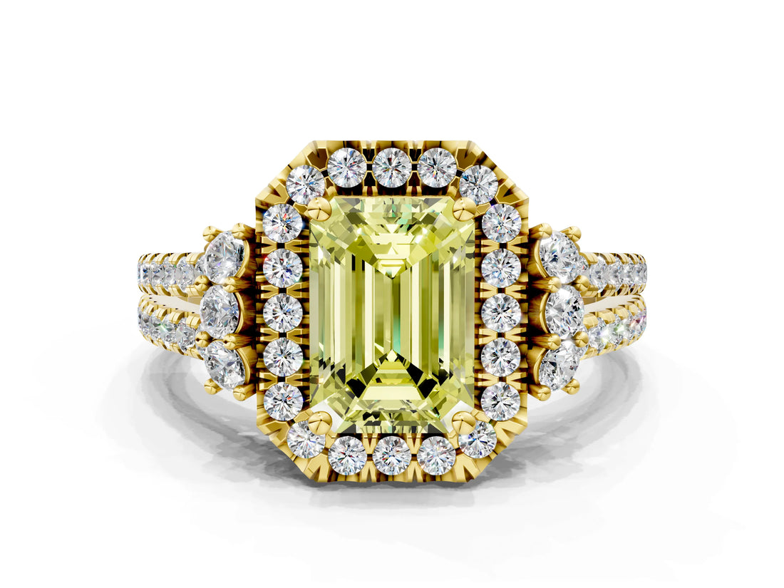 Yellow gold Fancy Yellow Emerald  Cut Double Halo Diamond Engagement Ring with Pave Band and Four-Prong Setting_42