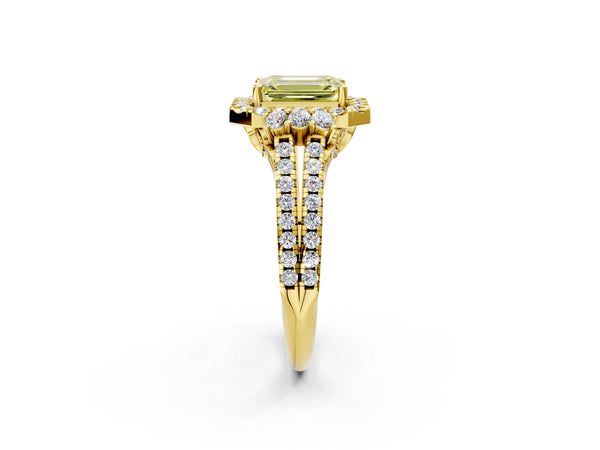Yellow gold Fancy Yellow Emerald  Cut Double Halo Diamond Engagement Ring with Pave Band and Four-Prong Setting