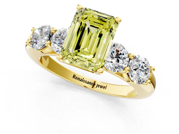Yellow gold Fancy Yellow Emerald  Cut Five-Stone Prong Set Diamond Ring with Classic Band