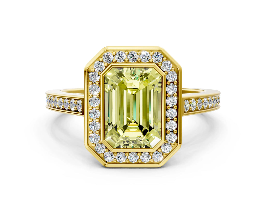 Yellow gold Fancy Yellow Emerald Cut Halo Bezel Diamond Pave Band Ring