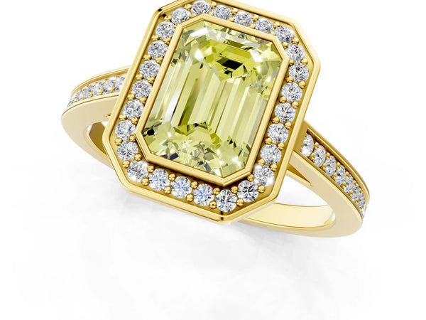 Yellow gold Fancy Yellow Emerald Cut Halo Bezel Diamond Pave Band Ring