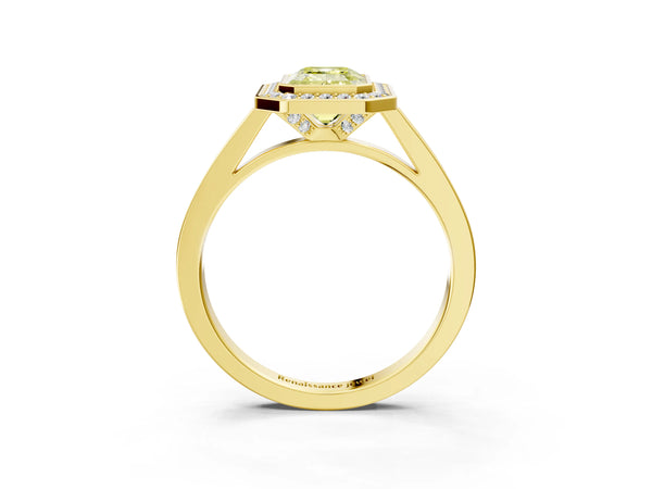 Yellow gold Fancy Yellow Emerald Cut Halo Bezel Diamond Pave Band Ring