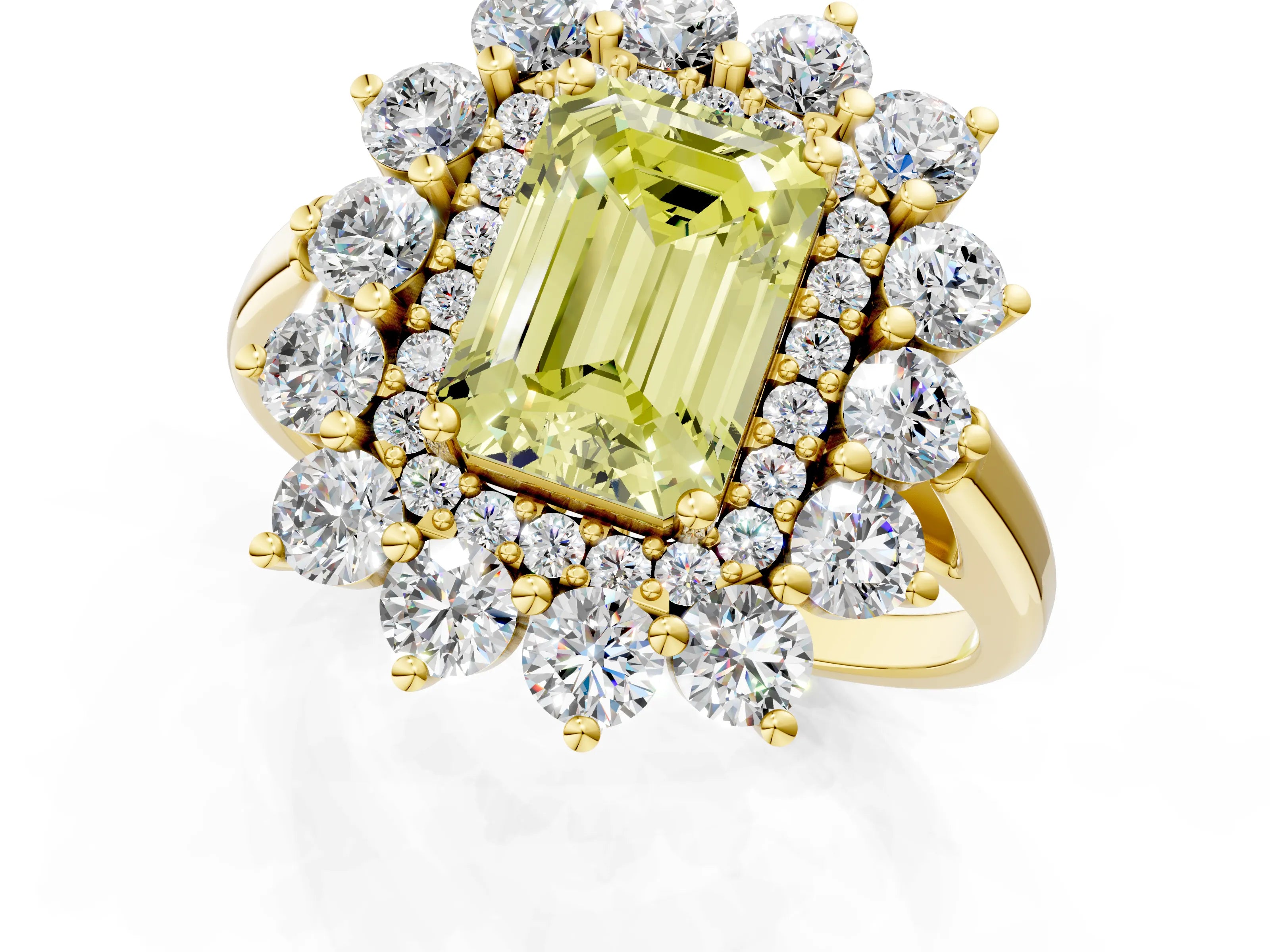 Yellow gold Fancy Yellow Emerald Cut Halo Cluster Diamond Ring with Pave Band and Four-Prong Setting_1