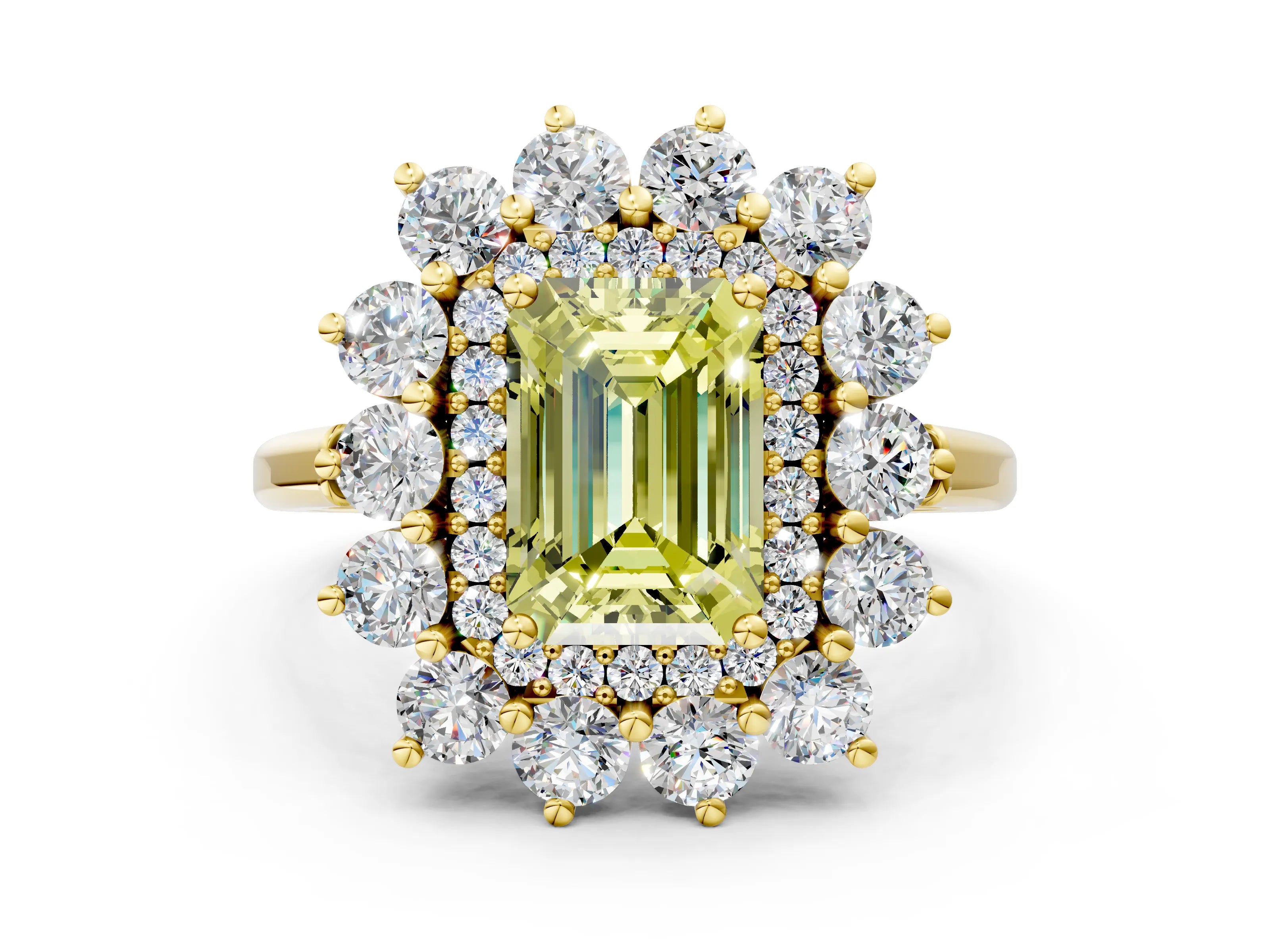 Yellow gold Fancy Yellow Emerald Cut Halo Cluster Diamond Ring with Pave Band and Four-Prong Setting_12