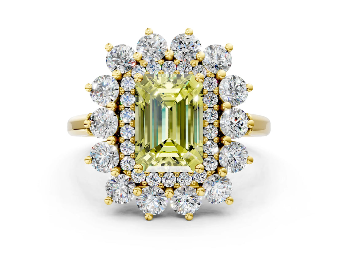Yellow gold Fancy Yellow Emerald Cut Halo Cluster Diamond Ring with Pave Band and Four-Prong Setting_12
