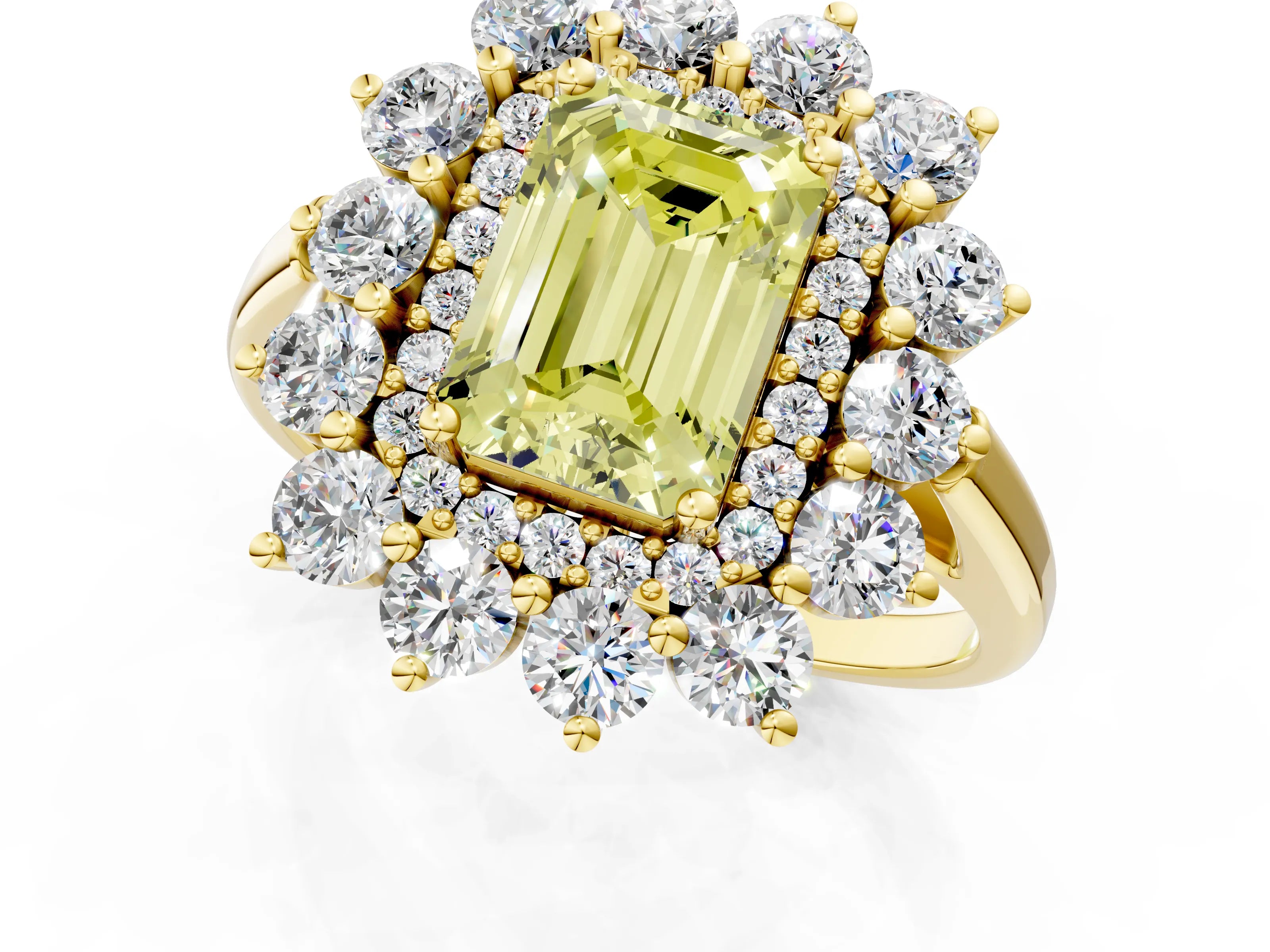 Yellow gold Fancy Yellow Emerald Cut Halo Cluster Diamond Ring with Pave Band and Four-Prong Setting_13