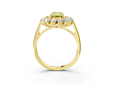 Yellow gold Fancy Yellow Emerald Cut Halo Cluster Diamond Ring with Pave Band and Four-Prong Setting_3