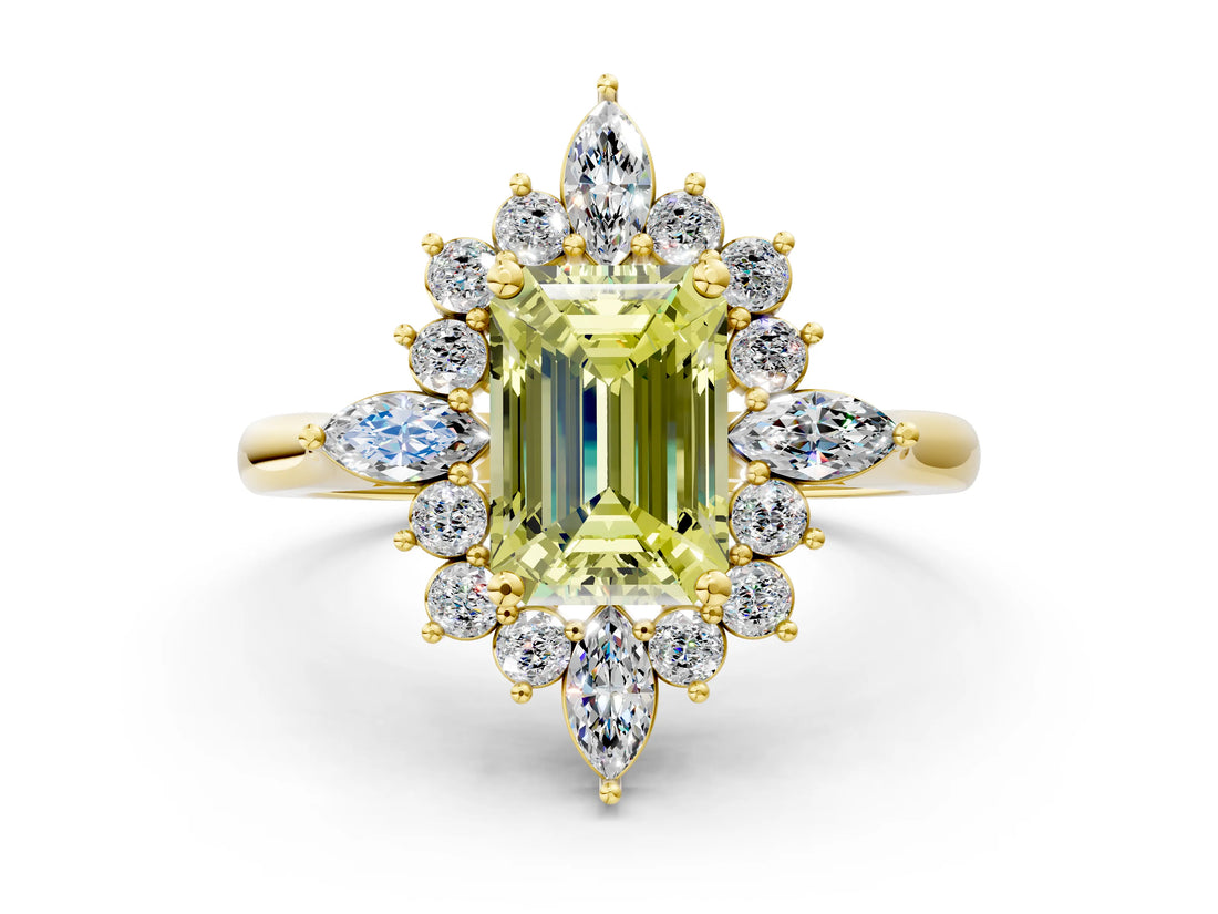 Yellow gold Fancy Yellow Emerald Cut Halo Diamond Cluster Ring with Marquise and Round Stones on a White Gold Band with Prong Setting