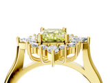 Yellow gold Fancy Yellow Emerald Cut Halo Diamond Cluster Ring with Marquise and Round Stones on a White Gold Band with Prong Setting_4