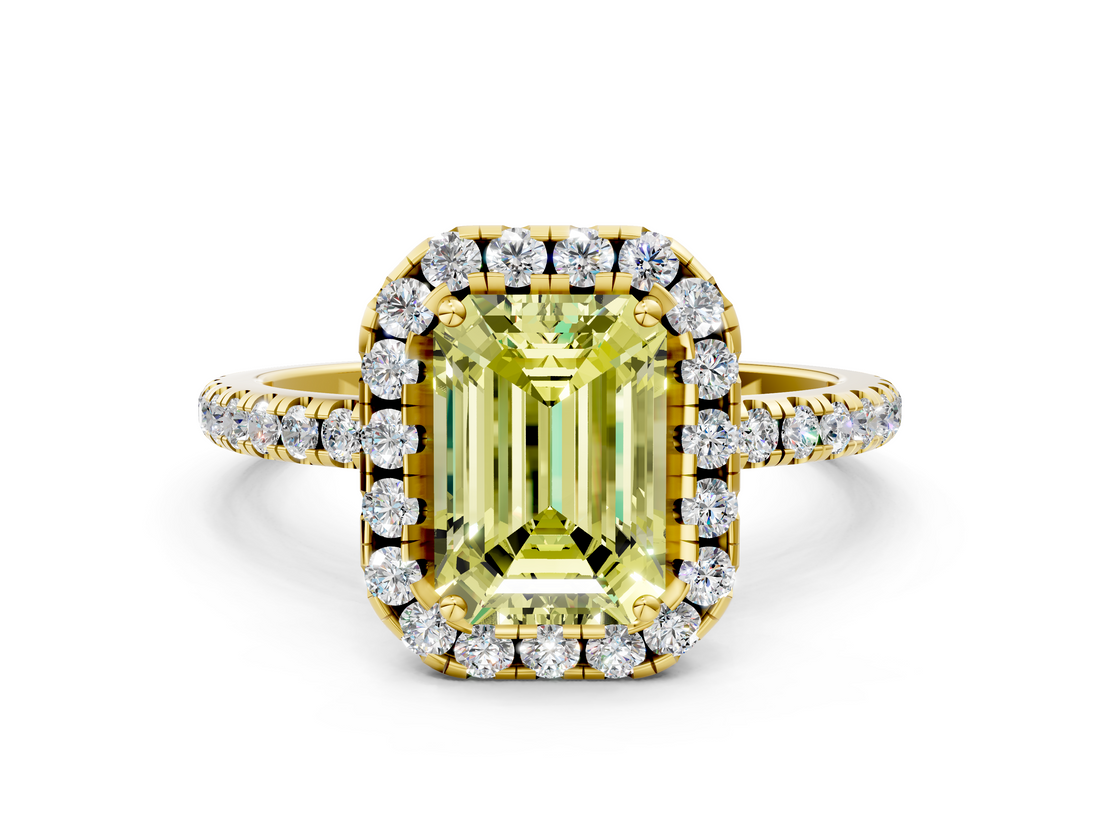 Yellow gold Fancy Yellow Emerald  Cut Halo Diamond Engagement Ring with Pave Band and Four-Prong Setting_20