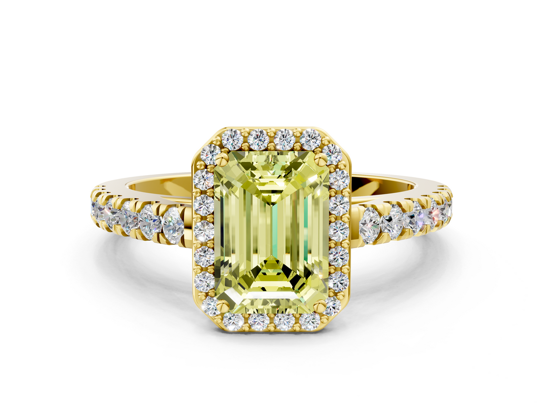 Yellow gold Fancy Yellow Emerald  Cut Halo Diamond Engagement Ring with Pave Band and Four-Prong Setting_28
