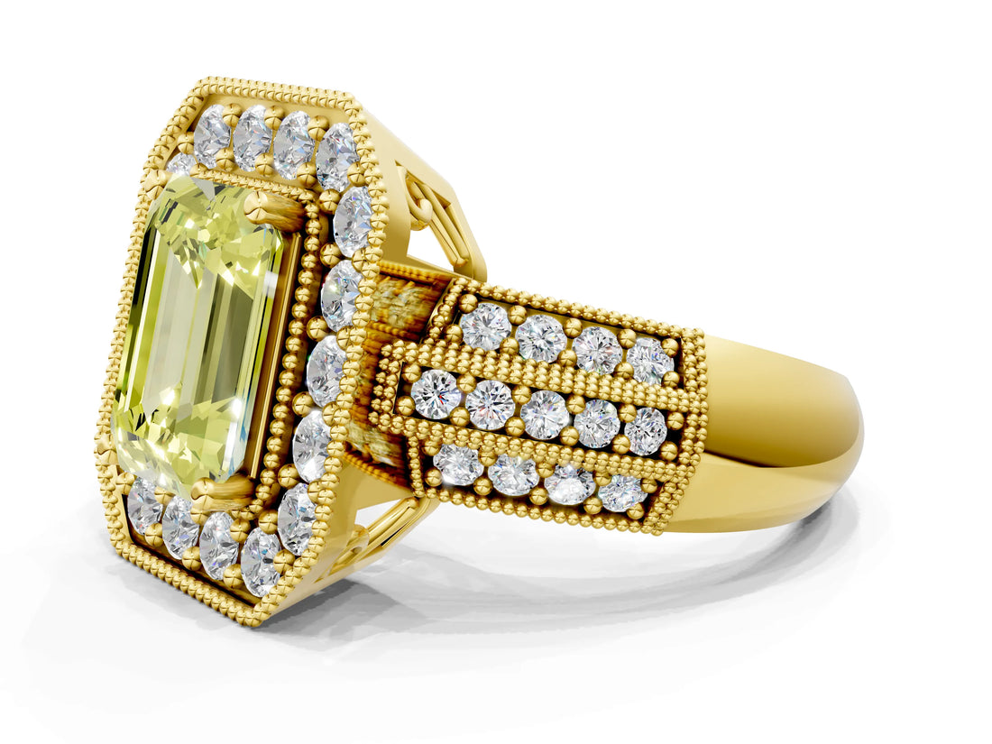 Yellow gold Fancy Yellow Emerald Cut Halo Diamond Engagement Ring with Pave Split Shank and Four-Prong Setting