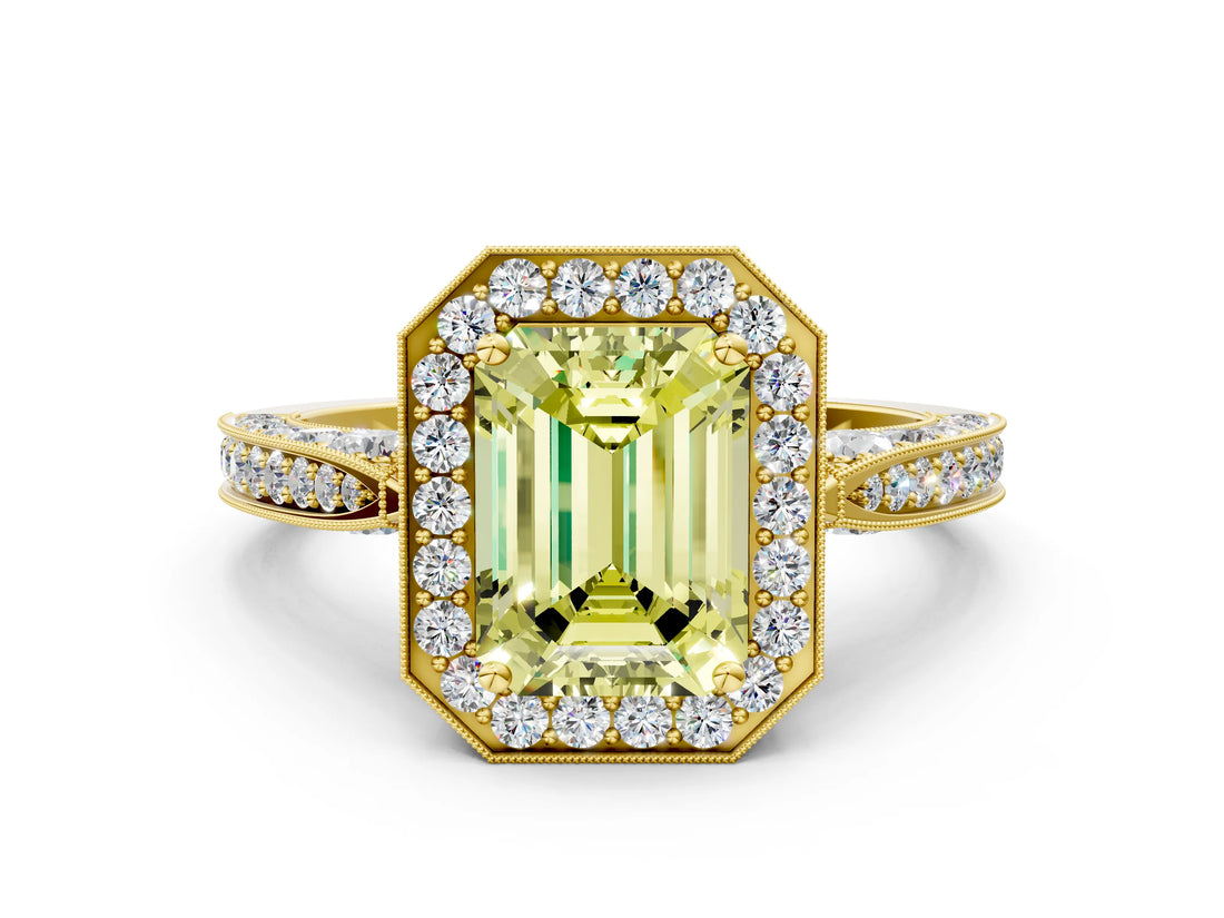 Yellow gold Fancy Yellow Emerald Cut Halo Diamond Engagement Ring with Split Shank Band and Four-Prong Setting