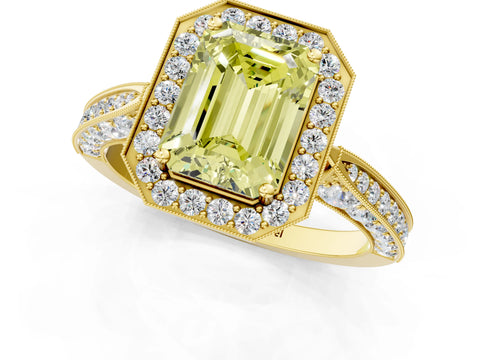 Yellow gold Fancy Yellow Emerald Cut Halo Diamond Engagement Ring with Split Shank Band and Four-Prong Setting_1
