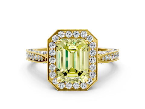 Yellow gold Fancy Yellow Emerald Cut Halo Diamond Engagement Ring with Split Shank Band and Four-Prong Setting