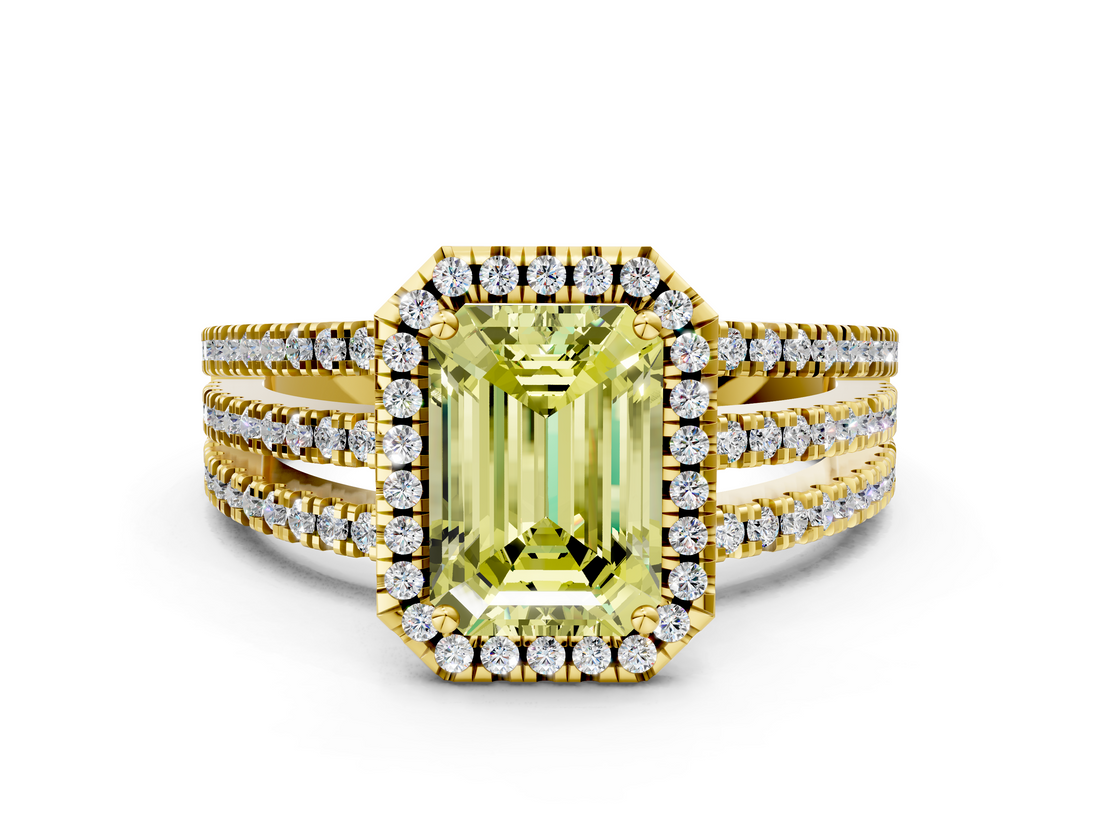 Yellow gold Fancy Yellow Emerald  Cut Halo Diamond Engagement Ring with Split Shank and Four-Prong Setting_20