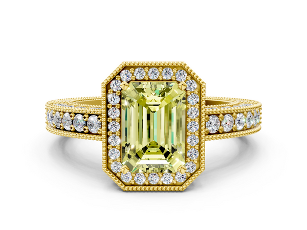 Yellow gold Fancy Yellow Emerald  Cut Halo Diamond Pave Band Ring with Four-Prong Setting