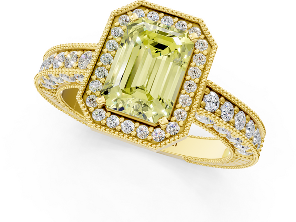 Yellow gold Fancy Yellow Emerald  Cut Halo Diamond Pave Band Ring with Four-Prong Setting