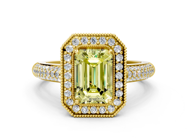 Yellow gold Fancy Yellow Emerald  Cut Halo Diamond Pave Band with Four-Prong Setting