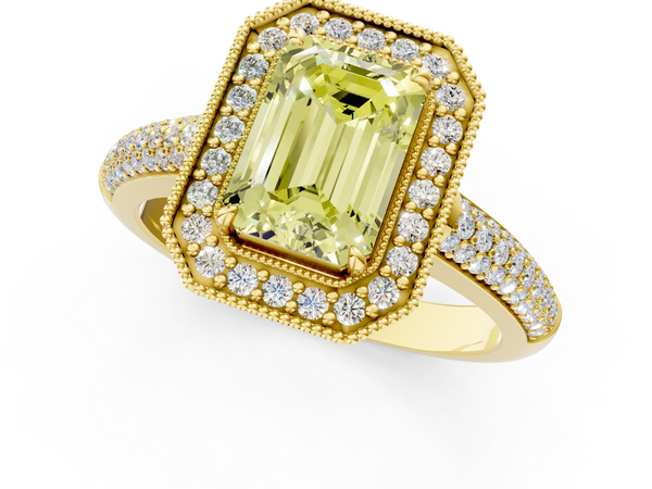 Yellow gold Fancy Yellow Emerald  Cut Halo Diamond Pave Band with Four-Prong Setting