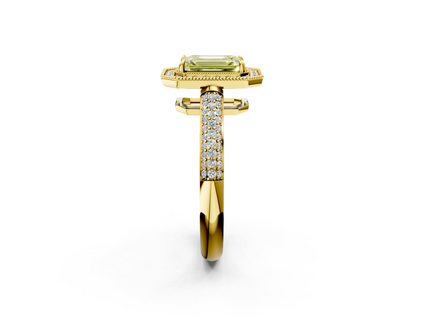 Yellow gold Fancy Yellow Emerald  Cut Halo Diamond Pave Band with Four-Prong Setting