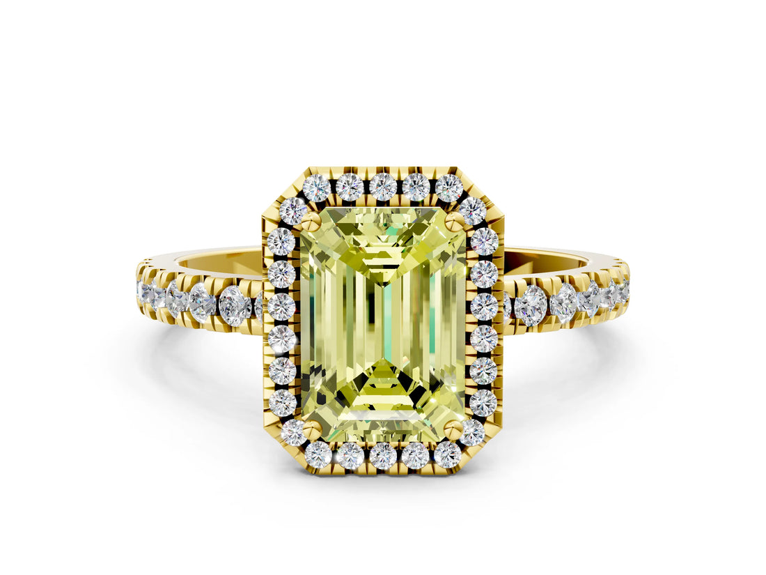 Yellow gold Fancy Yellow Emerald Cut Halo Diamond Pave Band with Prong Setting