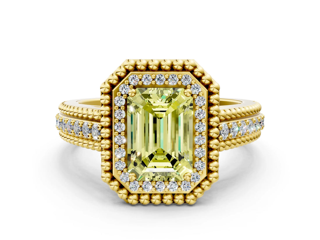 Yellow gold Fancy Yellow Emerald Cut Halo Diamond Ring with Beaded Split Shank and Four-Prong Setting